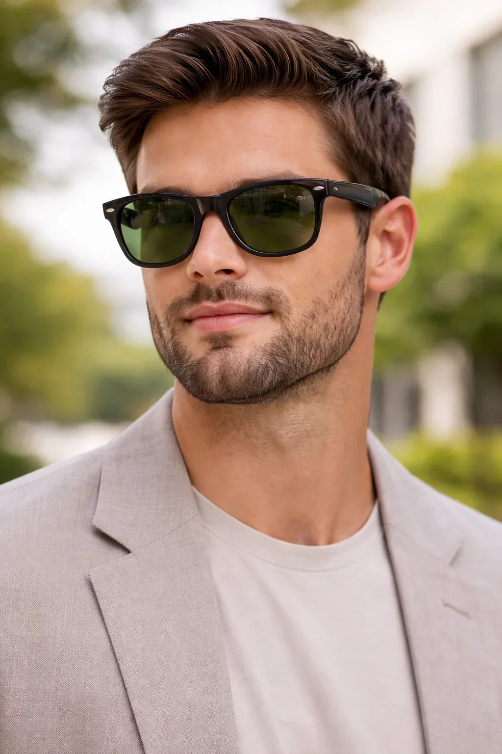 Man wearing stylish black wayfarer sunglasses outdoors in a light grey blazer