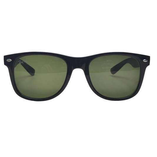 Black wayfarer sunglasses with green tinted lenses on a transparent background